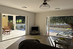 sitting room with view to pool and garden